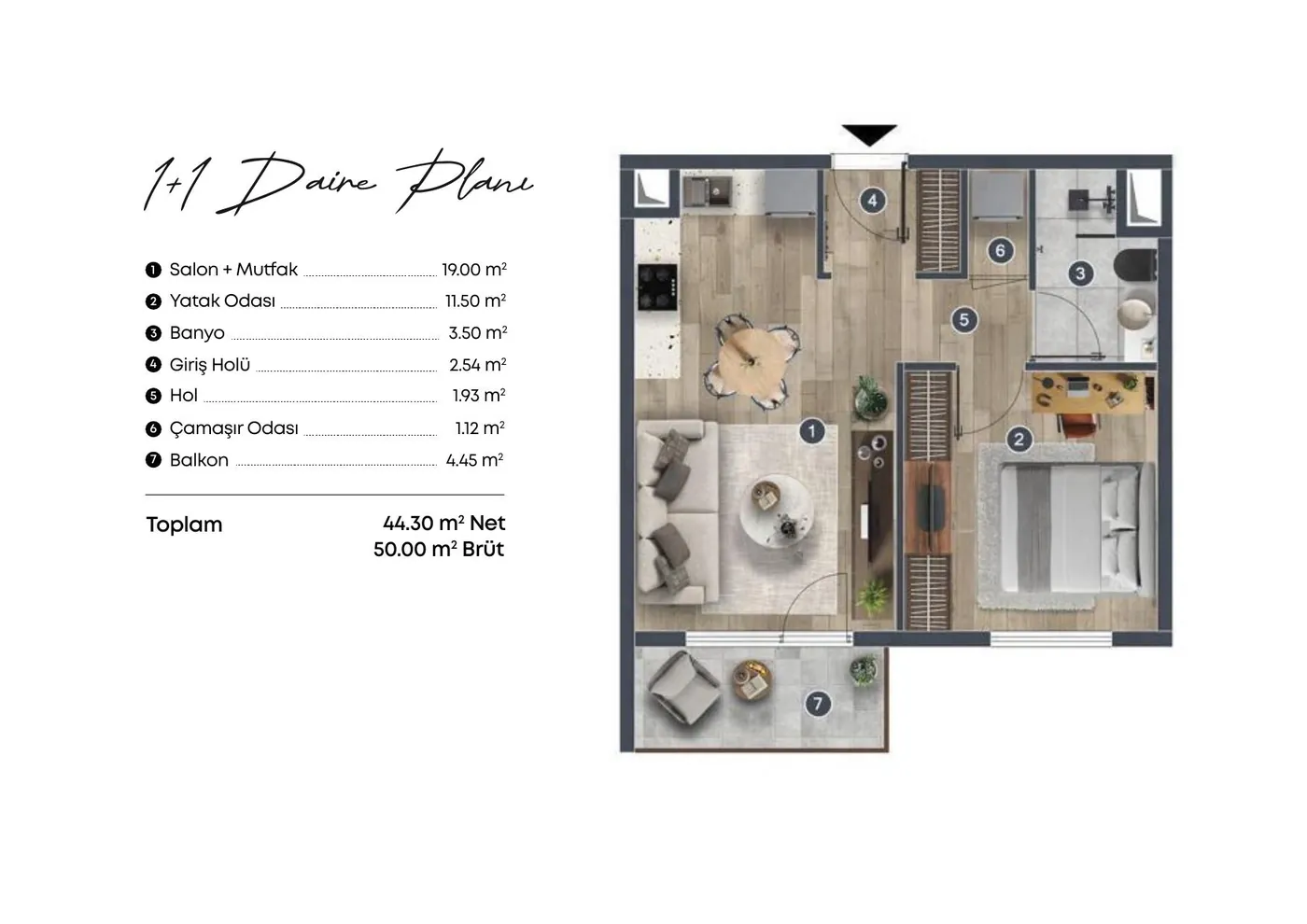 1+1 daire kat planı — ölçekli çizim
