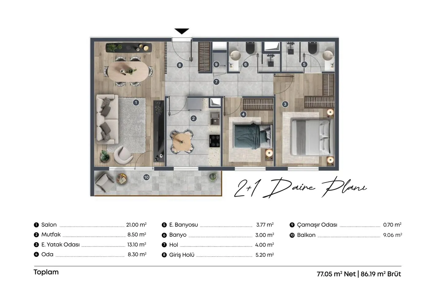 2+1 daire kat planı — ölçekli çizim