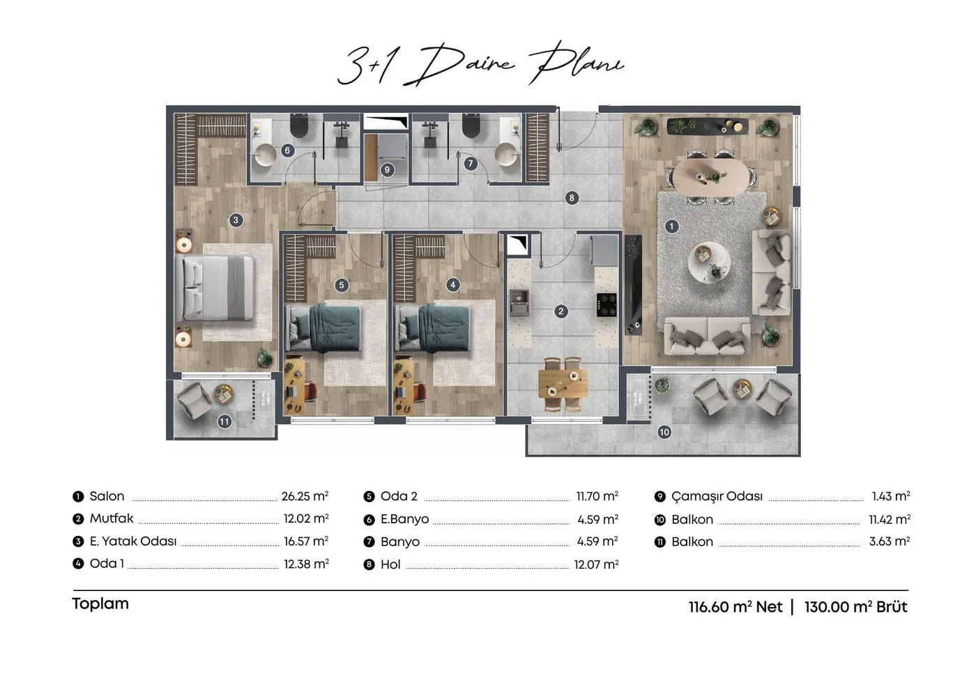 3+1 daire kat planı — ölçekli çizim